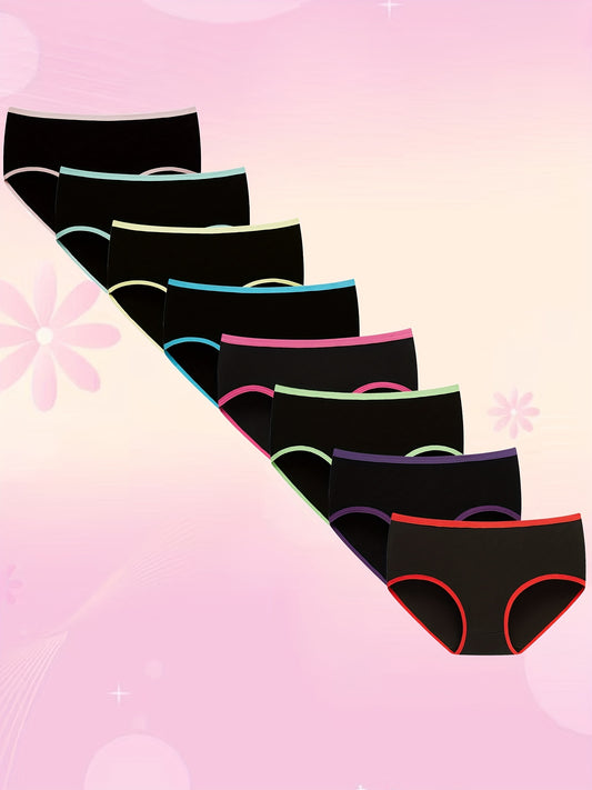 8pcs Teen Girls Cotton Underwear - High Elasticity Mid-Rise Briefs with Contrast Waistband, Soft Breathable Solid Color Panties for Casual Attire, Machine Washable All-Season Comfort, Teenage Underwear, Stylish Contrast Waist