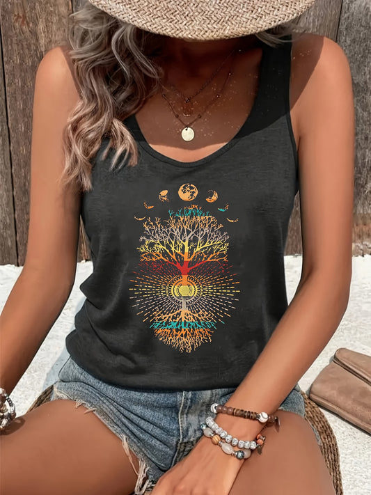 Women's Casual Sleeveless Tank Top with Letter Print & Applique Details - Round Neck, Machine Washable, Spring Summer Fall Fashion, Ladies Tank Tops, Seasonal Fashion, Celestial Motif, Soft Fabric
