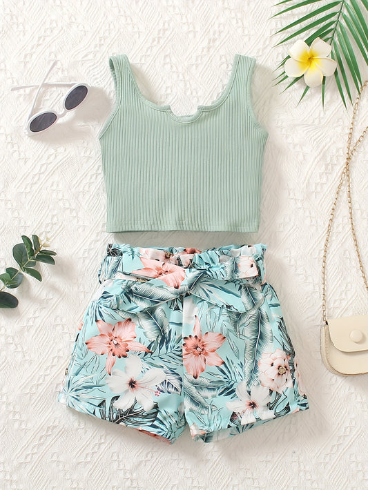 Girls' Vest and Shorts Set, Teen Full-Body Print High-Waist with Belt Bow Tie Low-Cut Knit Solid Color Cotton Top Casual Summer Beach Outfit, Perfect for Outdoor