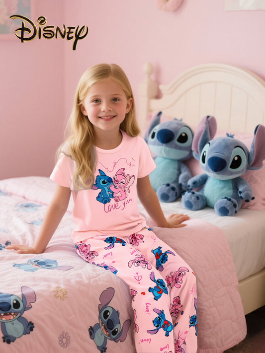 Disney Stitch Spring/SummerAutumn New Flame Retardant Fabric Fashion Pajamas, Short Sleeve T-Shirt and Pants 2pcs Loungewear, Ideal Gift for Girls - Youngsters's Clothing |Fun Cartoon |Comfortable and casual, suitable for spo