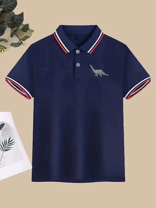 Boys' Red Polo Shirt with Dinosaur Design - Casual Short Sleeve, Ribbed Collar, Lightweight Polyester, Summer Wear for Youngsters, Everyday Polo | Ribbed Collar Shirt | Elastane Comfort