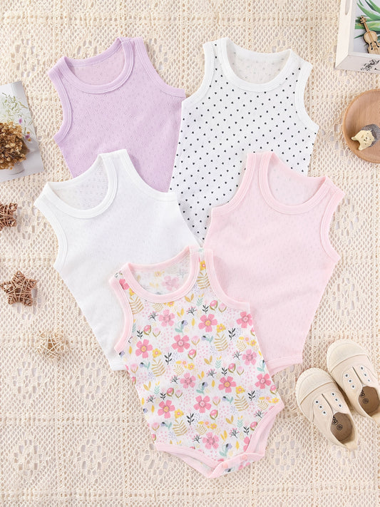 5pcs Pure Cotton All-Over Print Girls' Romper Bodysuit 0-24m, Perfect for Outdoor