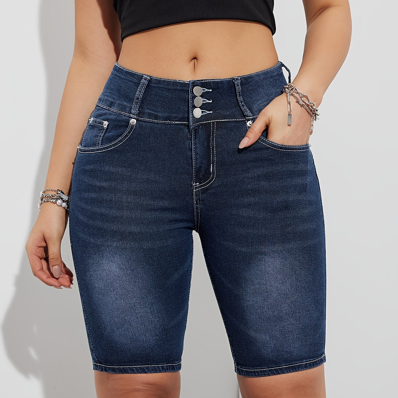 Single-breasted Slash Pocket Bermuda Denim Shorts, Whiskering Washed Blue Casual Stretchy Denim Shorts, Women's Denim Jeans & Clothing