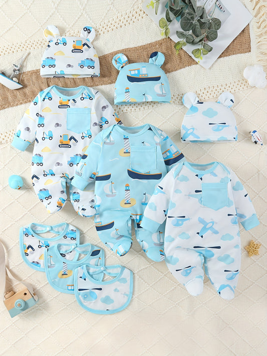 SHIXUANBAOBEI 9pcs Newborn Long Sleeve Wrap Bodysuit, All Printed Cartoon Airplanes, Boats, Cars, Excavators Patterns, Front Sticky Pockets Bottom Opening with Buttons Long Sleeve Wrap Bodysuit with Bunny Hat and Drooling Tow
