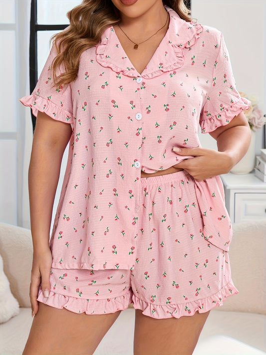 Summer Edition, Plus Size Women's Casual Comfortable Pajama Set with Small Floral Pattern, Bubble Crepe Fabric & Ruffled Lace Trim, Lapel Button- Short Sleeve & Elastic Waist Shorts Loungewear Set 402