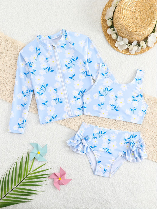 Girls' Small Floral Three-piece Set with Zipper Long Sleeve Sun Protection Cardigan Multi-pleated Lace Wood Ear Lace Cute Bow Bikini Swimsuit