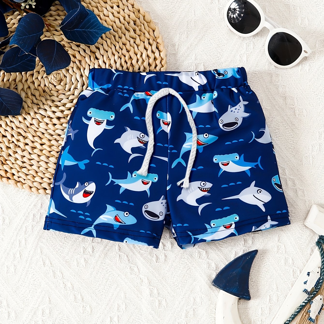 Boys' Cartoon Shark Swim Trunks - Blue Marine Life Design, Quick-Dry Polyester & Spandex Blend, Drawstring Waist for Beach & Pool Vacations