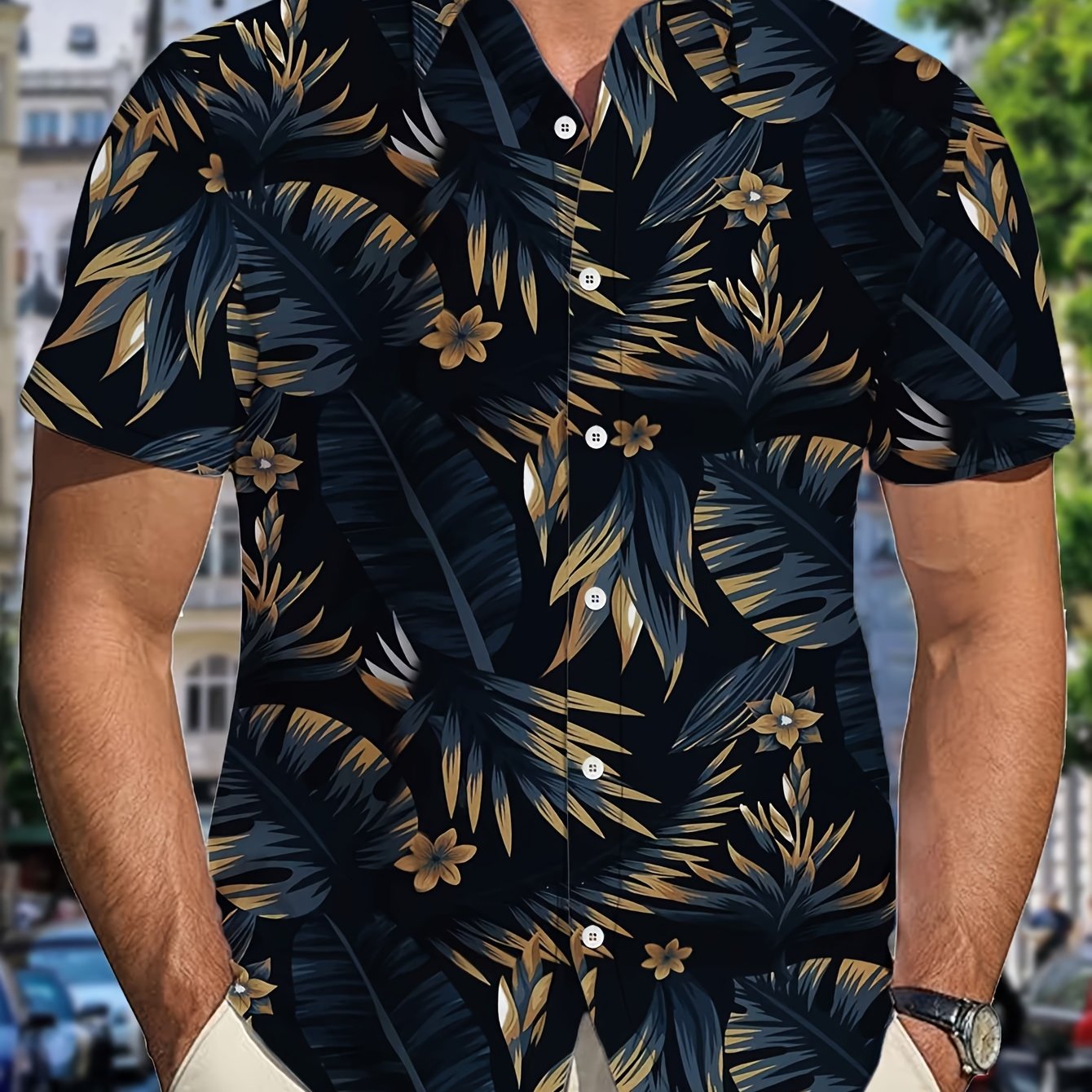Men's Tropical Print Short Sleeve Shirt - Stylish Button-Up with Palm Tree & Flower Design, Casual Polyester Fabric for Summer Outings