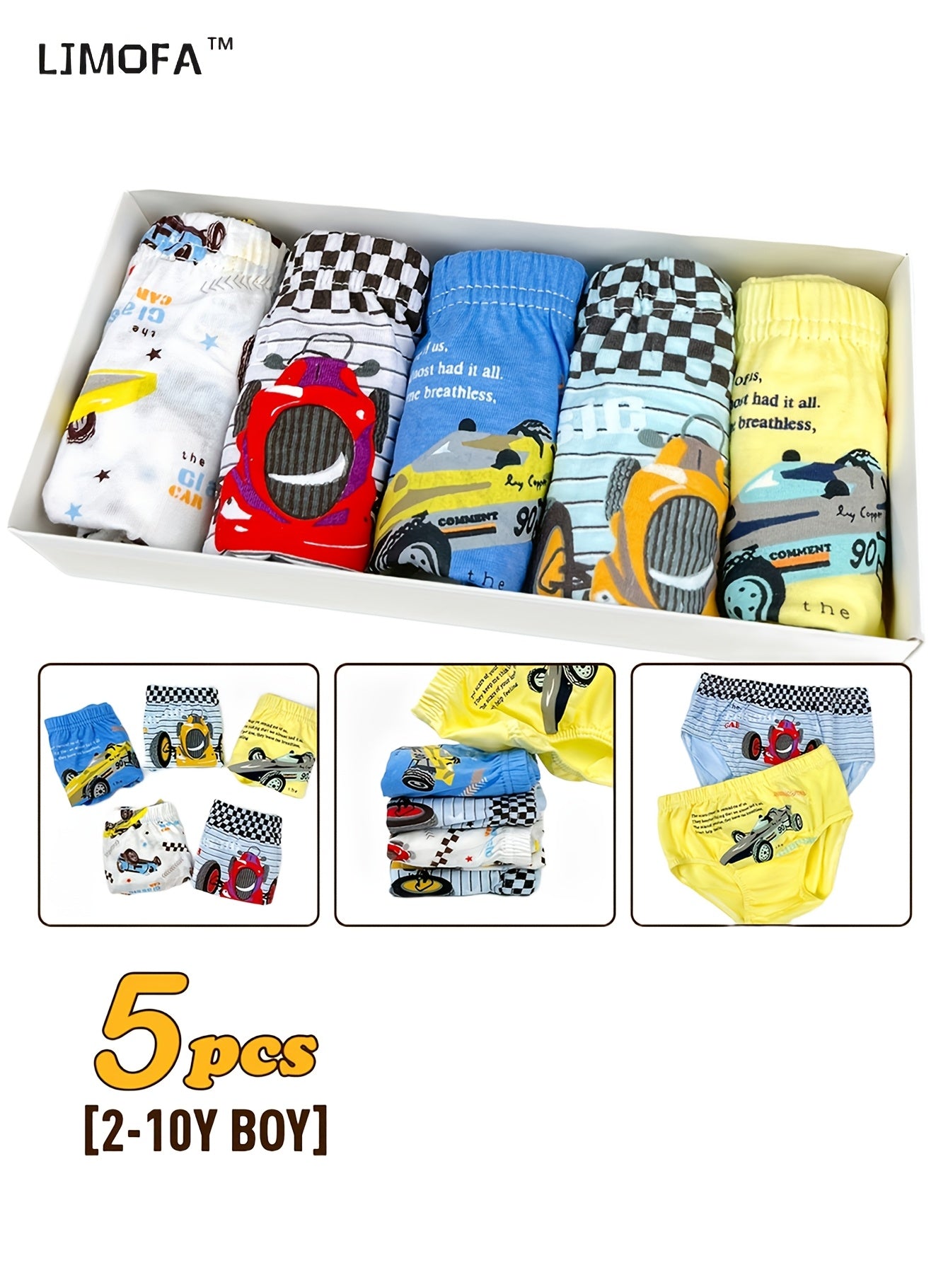 LJMOFA 5pcs Cotton Briefs for Boys with Cartoon Racing Car Print, Skinny Fit, Knit Fabric, All-Season Wear