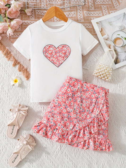 Toddler Girl's Heart Print T-Shirt and Floral Print Half-Skirt with Lace Hem