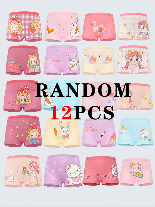 12pcs Soft & Breathable Cotton Girls' Boxer Briefs with Cute Cartoon Print - Comfort Fit Underwear for Youngsters