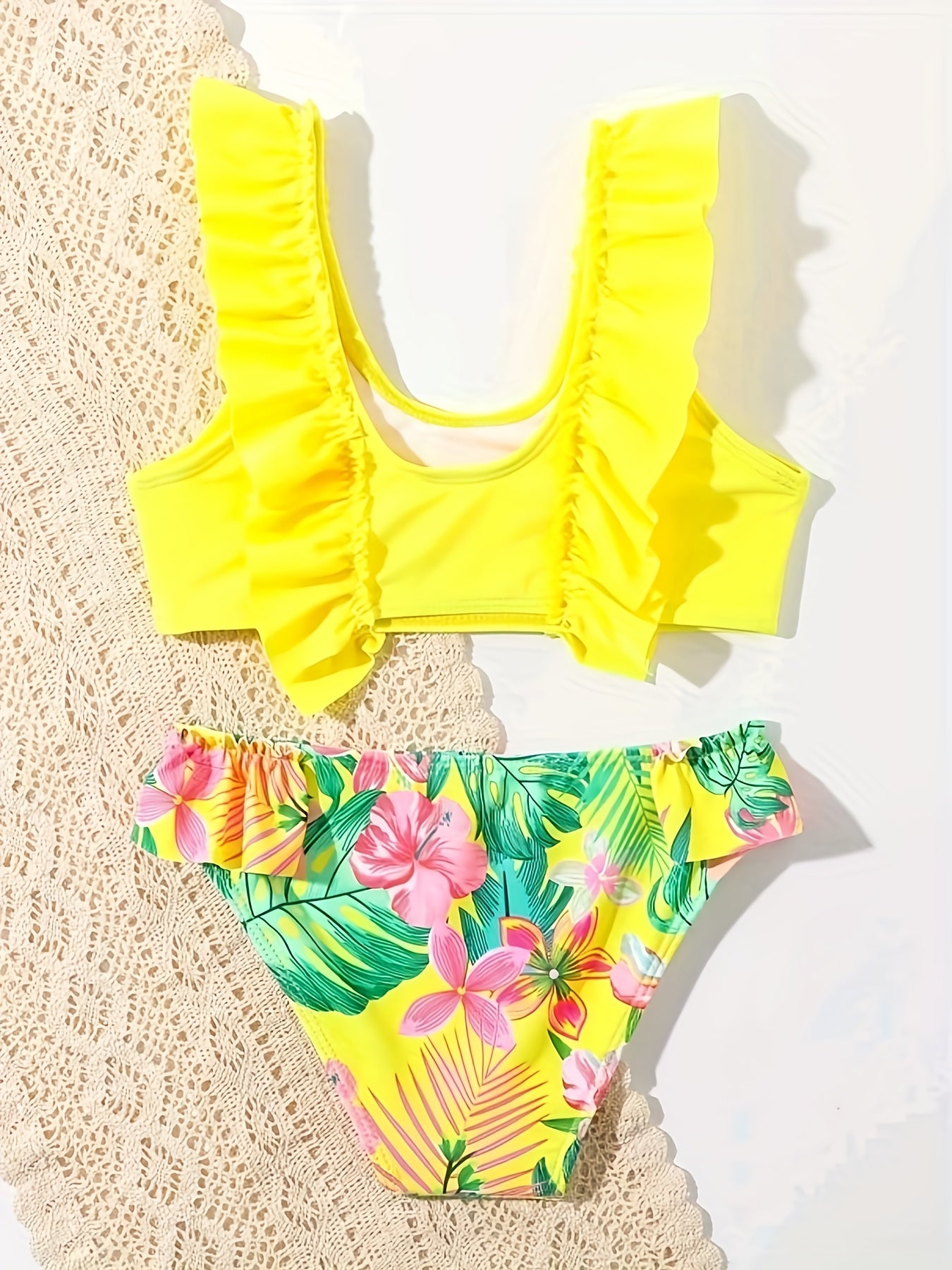 [1set Tropical Floral Print Girls' Bikini] 1set Tropical Floral Print Girls' Bikini Set, V-Neck Ruffle Detail, Knitted Polyester & Spandex, Stretchy Swimwear for Kids