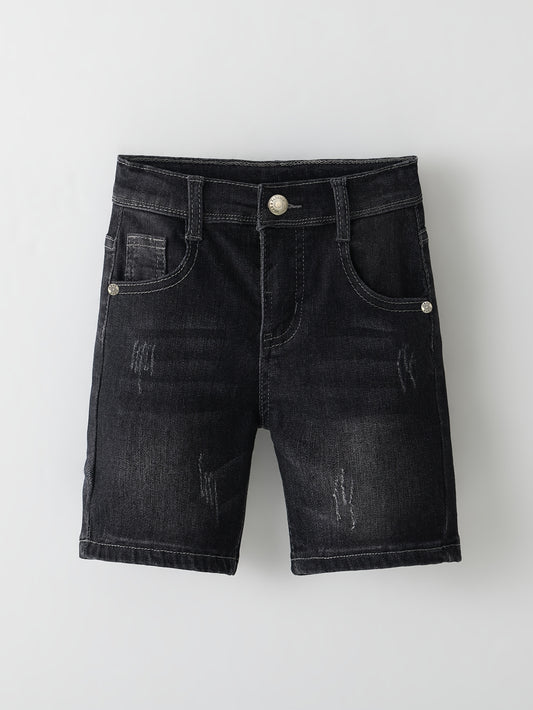 Boys' Casual Denim Shorts, Dark Washed Distressed Comfy Breathable Denim Shorts For Summer