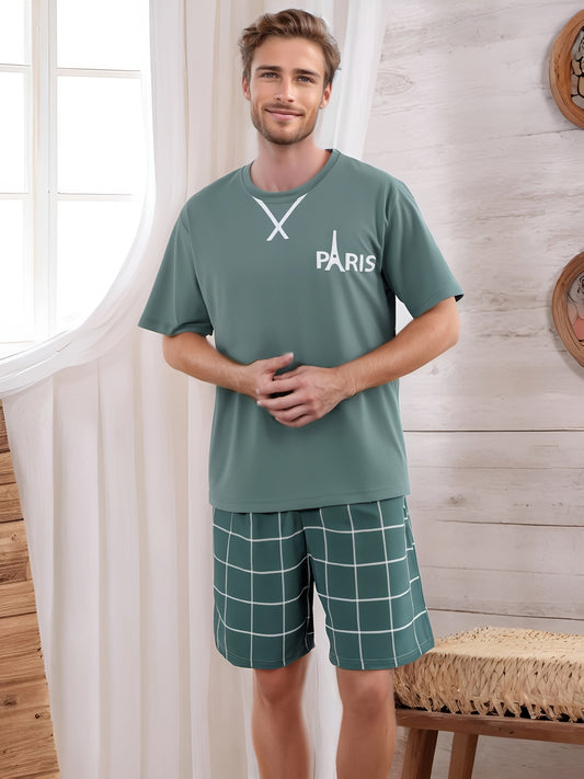 2pcs set of Men's round neck printed short-sleeved T-shirt and plaid shorts pajamas, comfortable and skin-friendly style, Men's casual home wear