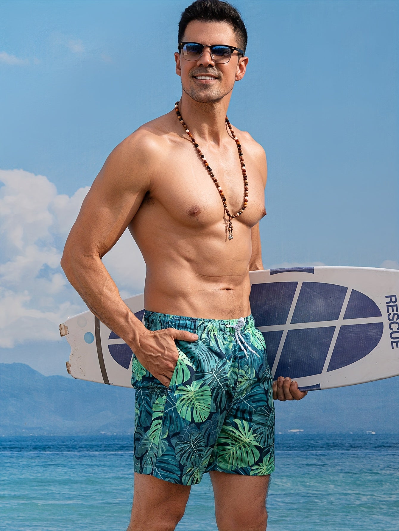 Men's Tropical Palm Leaf Board Shorts - Quick-Dry, 100% Polyester, Casual Beach & Surf Rescue Design with Pockets, Ideal for Summer Vacations, Beach Parties & Water Activities, Beach Accessories
