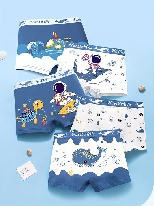 4pcs Boy's Boxer Briefs, Toddler Boys Underwear, Cartoon Astronaut And Sea Turtles Print Elastic Waist Shorts, Cartoon Spaceman And Sharks 95% Cotton Comfy Breathable Soft Underwear