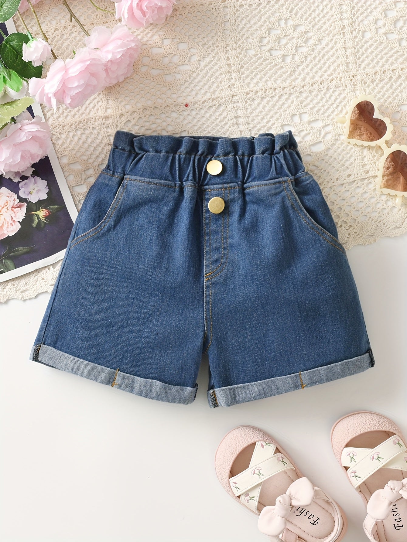 The Little Summer Casual And Comfortable Denim Shorts with Paper Bag Waist And Rolled Edges Are Perfect for Everyday Outings, for Outdoor