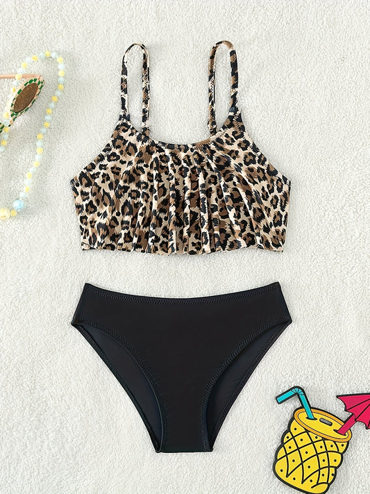 Girls Bikini Swimwear Teen Girls Summer Leopard Floral Print Two-Piece Swimsuit Beach Outfits