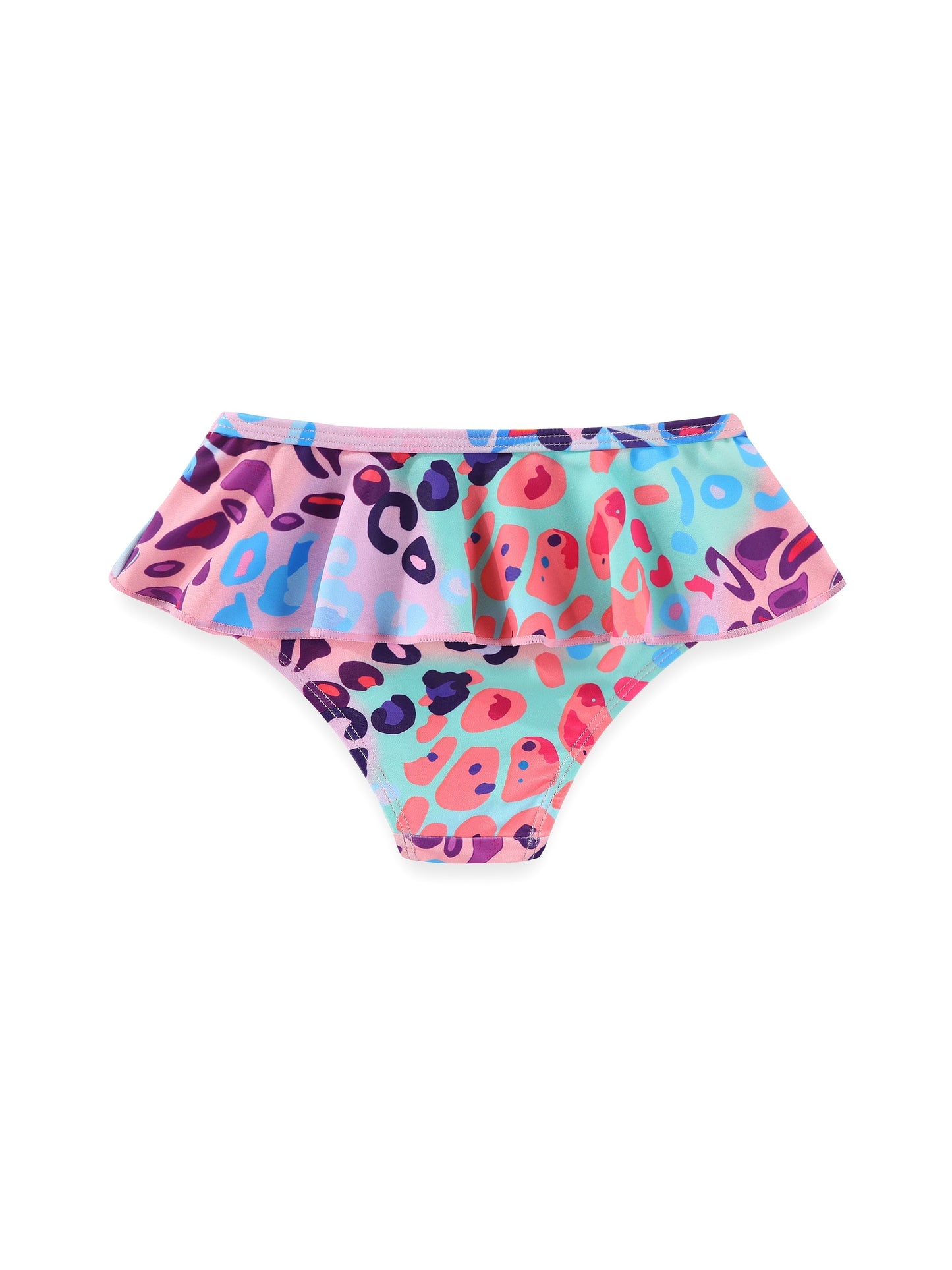 Girls two-piece set of gradient multi-color leopard print swimsuit for girls long sleeve surfing pleated lace hem + girls pleated lace bikini shorts swimsuit