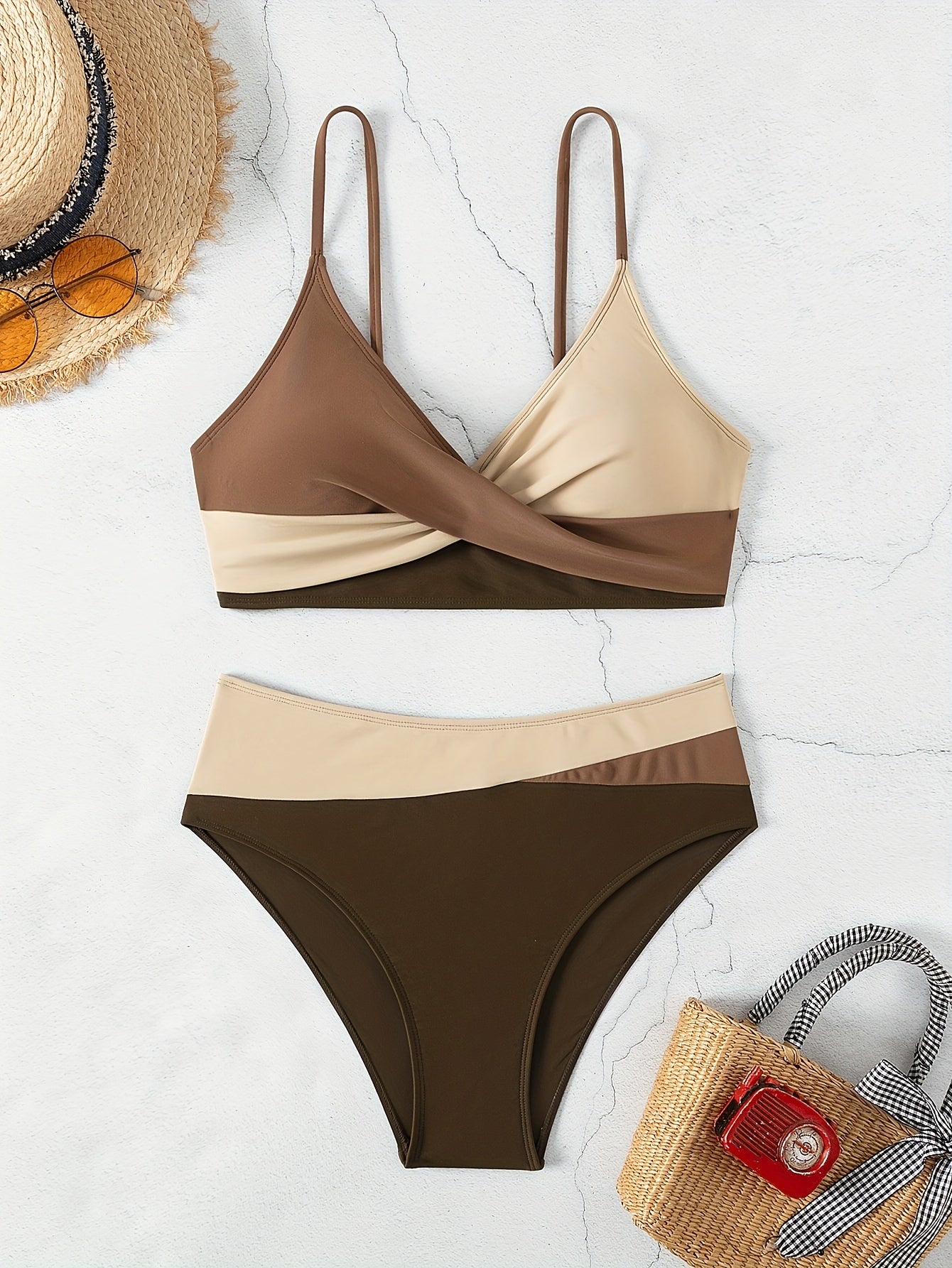 Women's Split Swimwear Color Block Cross-Back Bikini Set Summer Beach Vacation Swimsuit
