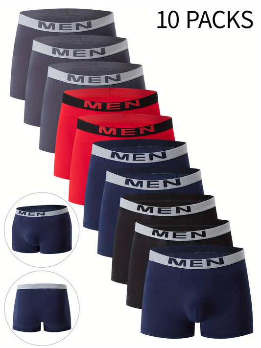 10-Pack Men'S Boxer Briefs, 96% Polyester 4% Elastane, Solid Color, Breathable Comfort Fit, Knit Fabric, Slight Stretch, Casual Athletic Shorts