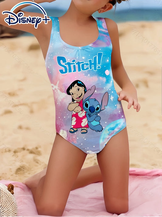 Licensed Stitch & Lilo, Digital Cartoon Prints, Hawaiian Vacation Gifts, Sweet Girl Cross-Back Tank Swimsuit, Stretchy And Breathable, Perfect for The Beach, Pool, And Water Sports.