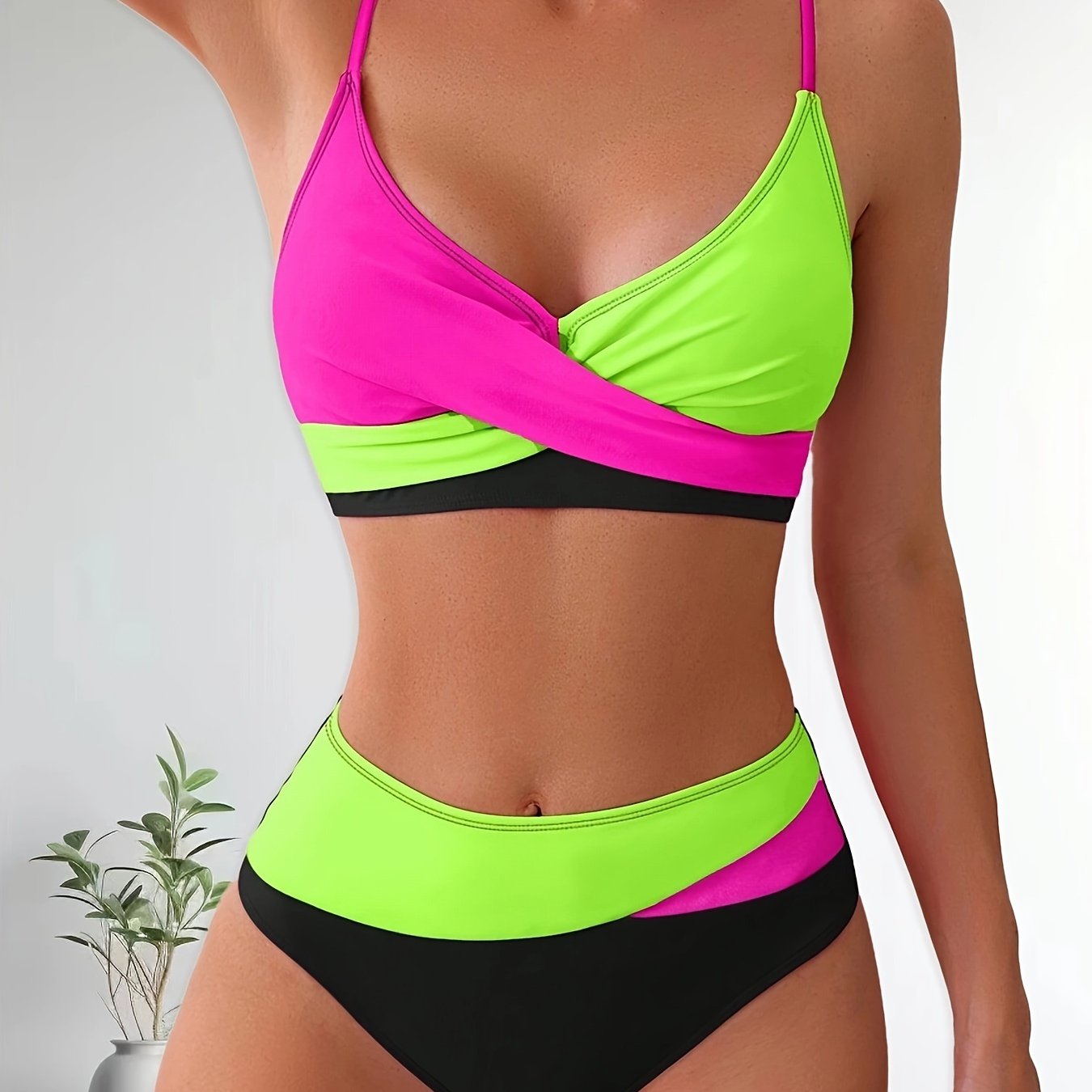 Women's Split Swimwear Color Block Cross-Back Bikini Set Summer Beach Vacation Swimsuit