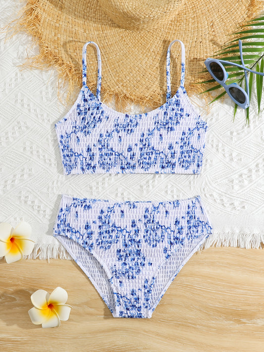 Easter Gift for Girls, Stylish And Cute Clothing Featuring a Blue Floral Pattern, a Bikini Swimsuit Suitable for Girls Aged 6 to 12, Perfect for Beach Vacations And Hot Spring Swims.