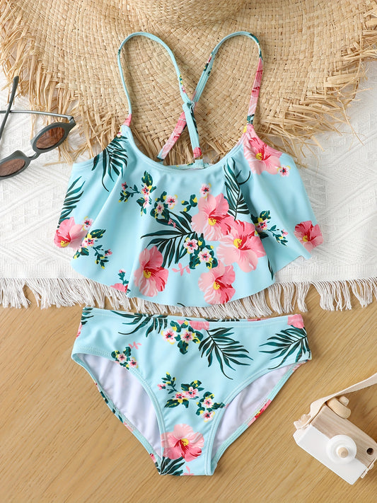 Girls' Fashion Bikini Swimsuit with Floral Print, High-Stretch Polyester-Spandex Blend, Cross-Back Straps, Regular Fit - Ideal for Summer Beach Fun