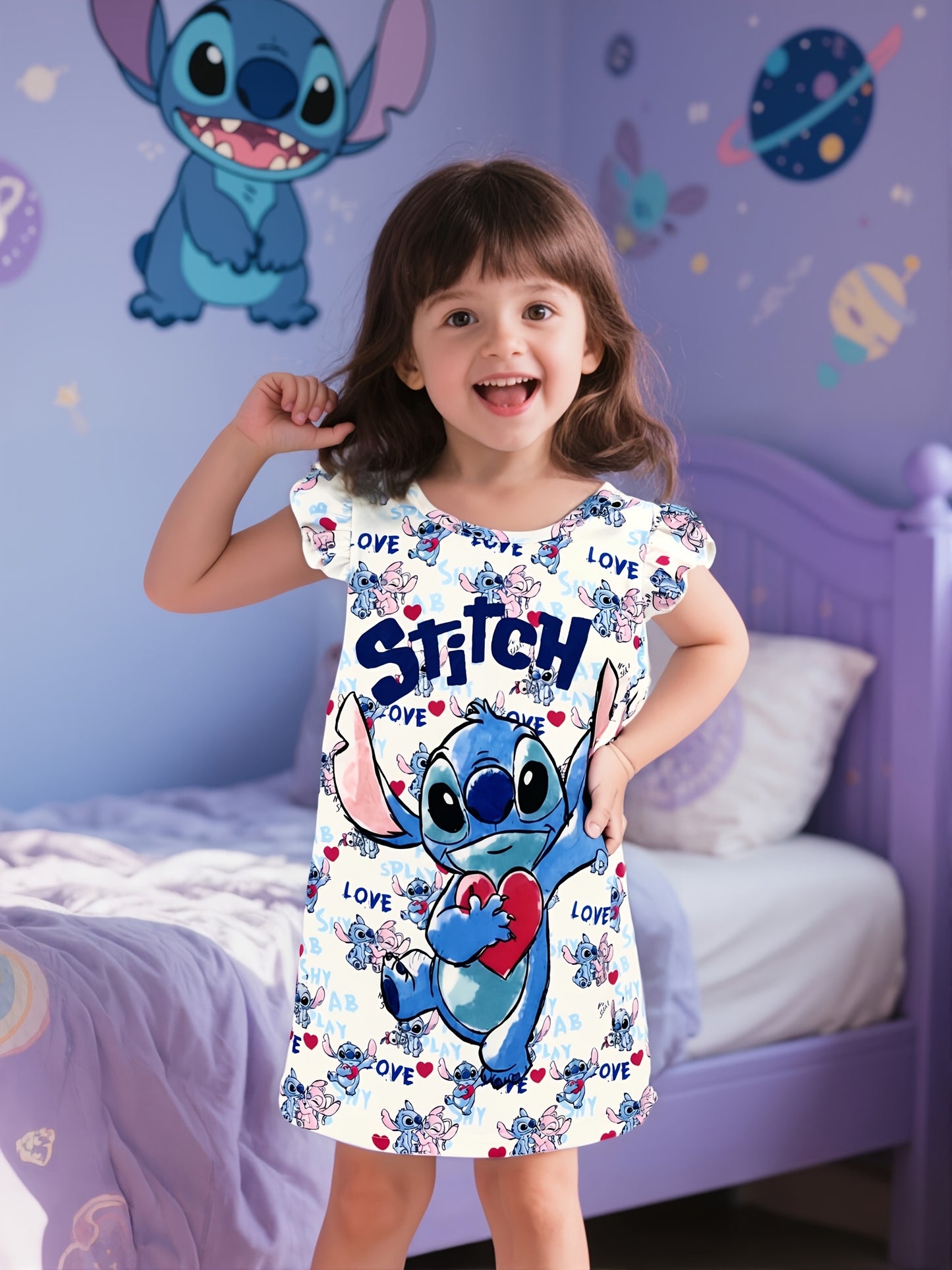 Disney Stitch Girls' Pajama Dress - Flame Retardant, Short Sleeve, Cartoon Heart Print, Lightweight & Breathable for Spring/Summer, Regular Fit, Cute Sleepwear, Girls Pajamas, Playful Sleepwear, Comfortable Sleepwear, Youngst