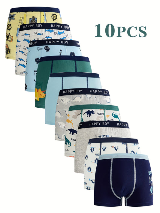 10-Pack Boys' Underwear 3-15 Years - Cute Cartoon & Dinosaur Print Boxer Briefs, Breathable Stretch Waistband, All-Season Comfort with Full-Body Patterns (Plaid, Stripes, Camo, Floral), Cute Underwear, Playful Design, Durable