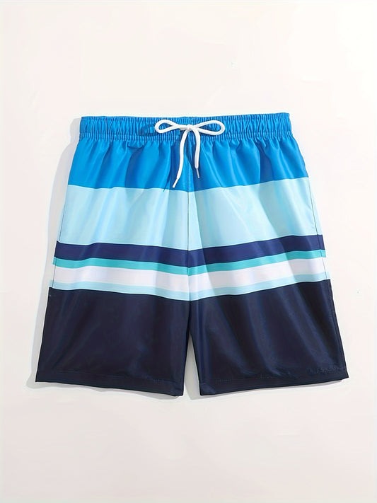 Boy's Stylish Striped Beach Swim Trunks With Drawstring - Party Style, Boys Quick-Dry Swimwear For Outdoor, Beach, Surf
