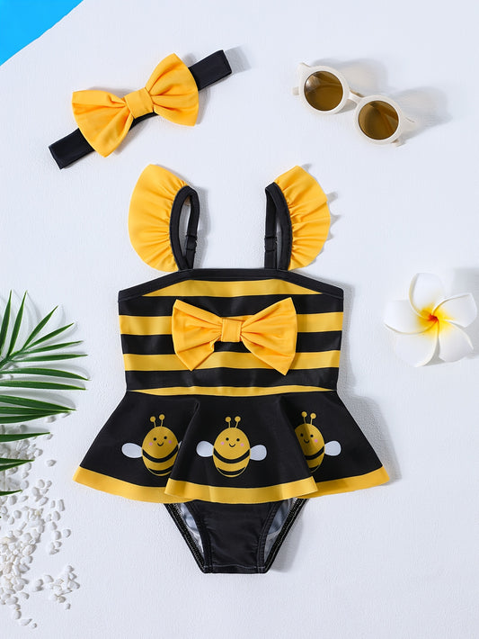 Valentine's Day 2pcs Girls' Swimsuit New Summer Strappy Lace Trim Striped Cute Bee Print Bow Decor Triangle Skirt Bikini Children's Beach Resort One-piece Swimsuit + Headscarf