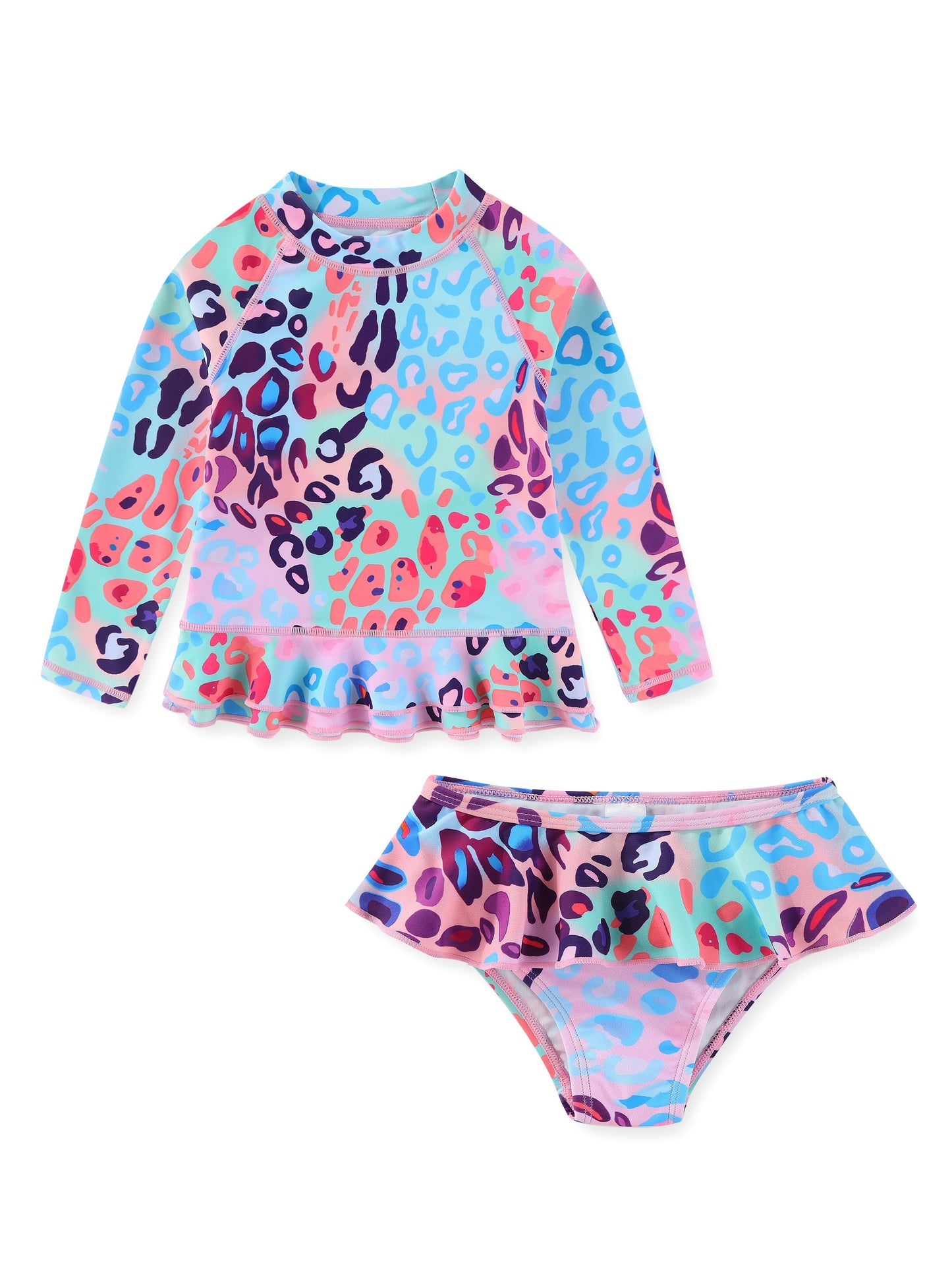 Girls two-piece set of gradient multi-color leopard print swimsuit for girls long sleeve surfing pleated lace hem + girls pleated lace bikini shorts swimsuit