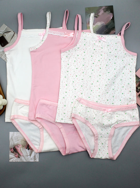 3-Pack Cute Floral Camisole Panty Sets for Girls, 95% Cotton 5% Spandex, Mid-Rise Briefs with Bow Detail, All-Season Knit Fabric Underwear, Regular Fit - Perfect Gift for Children