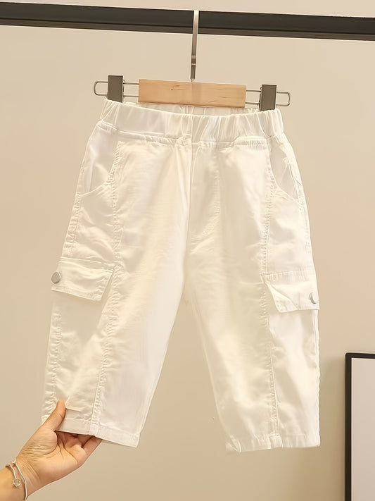 Boys Cotton Summer Cargo Shorts, Trendy Korean-Style 3/4 Length, Stylish Patchwork Design, Comfortable Cotton Pants