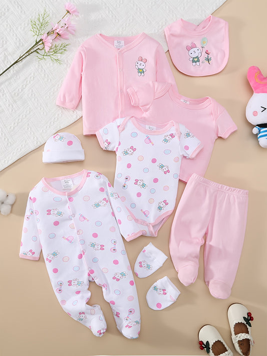 8pcs Set for Baby Girls Spring/Summer Comfortable Soft Pink Bunny Print Romper & Hat & Bib & Socks & Pants & Jacket & Top & Triangle Tank Outfit, Perfect for Outdoor