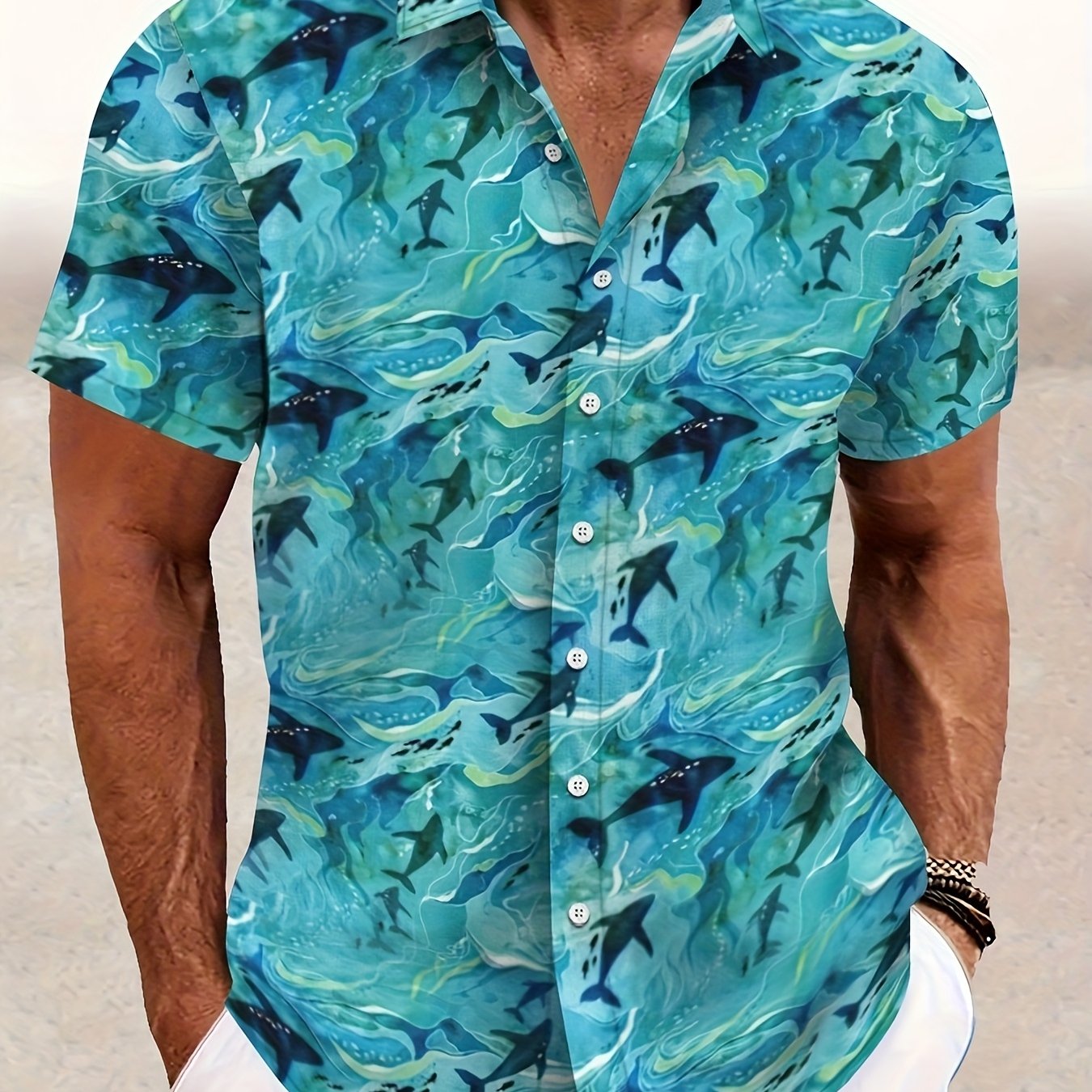 Men'S Casual Summer Outdoor Shirt, Hawaiian Shirt, Featuring a High-Definition 3D Print of a Small Shark, with a Lightweight And Comfortable Fit, Perfect for Beach Vacations.