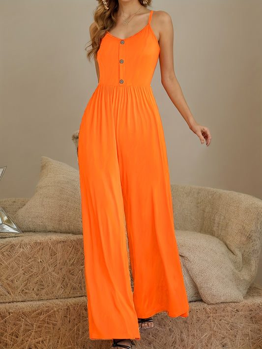 Button Decor V Neck Cami Jumpsuit, Casual Solid Color Sleeveless Wide Leg Jumpsuit For Spring & Summer, Women's Clothing