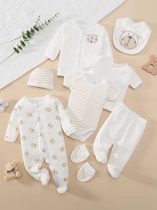 8pcs Set for Boys and Girls Spring/Summer Comfortable Soft Cartoon Happy Bear Head Print Romper & Hat & Bibs & Socks & Pants & Jacket & Top & Triangle Bra Set, Perfect for Outdoor