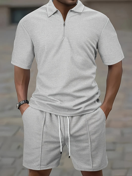 Men's 2pcs set top with half-zip short-sleeved shirt and drawstring shorts for casual wear in summer