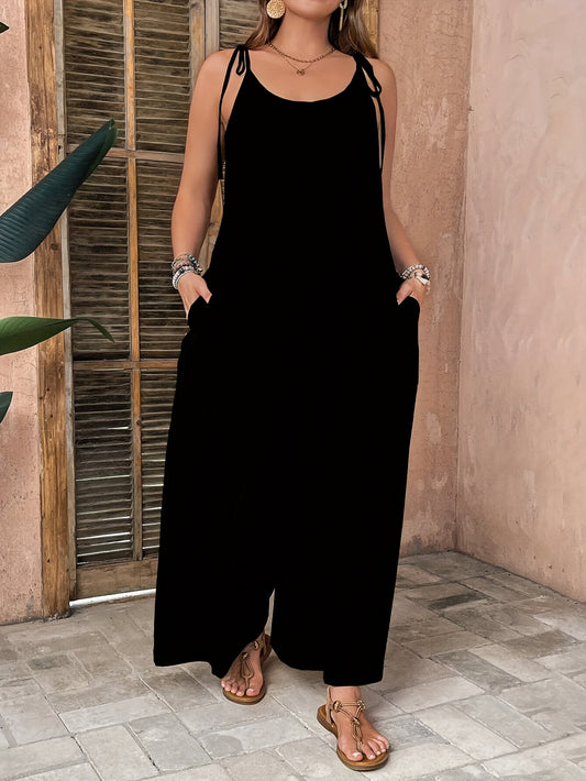 Vacation Casual Solid Color Jumpsuit, Loose Fit with Thin Shoulder Straps and Drawstring, Suitable for Spring/Summer/Autumn