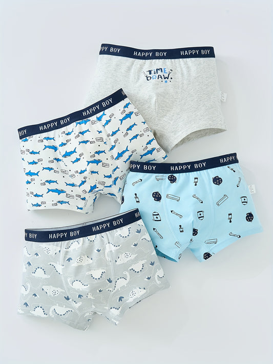 4pcs Boys Cotton Underwear Soft Breathable Cartoon Pattern Comfy Boxers Briefs