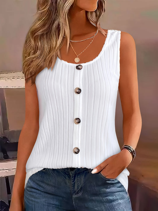 Women's Casual Sleeveless Tank Top with Decorative Buttons - Solid Color, Round Neck, Ribbed Texture, Summer Sexy Vest, Machine Washable