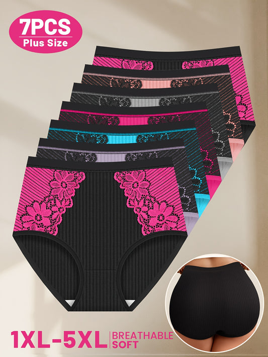 7pcs Plus Size Panties, Plus Size Underwear, Plus Size High Waist Panties, Mid-Rise Panties, Ribbed Stripes, Contrast Color, Triangle Pants, Comfortable Fit