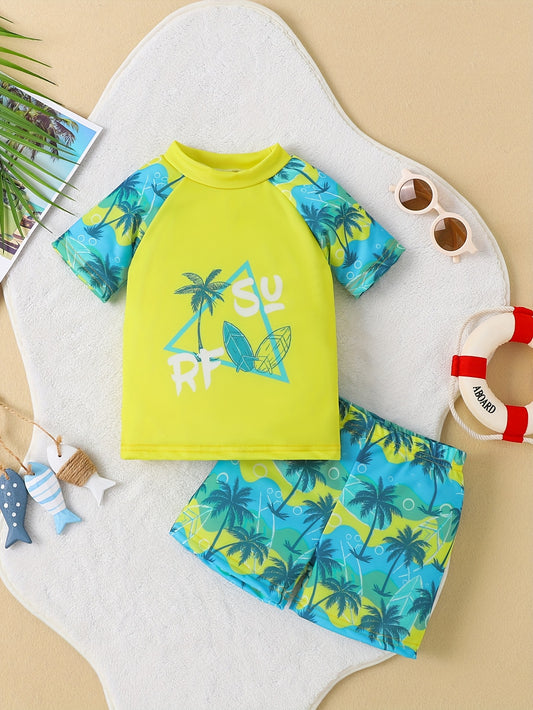 Boys' Casual Quick-Dry Fabric Tropical Coconut Tree Beach Style Print Round Neck T-shirt Shorts Swimsuit Set