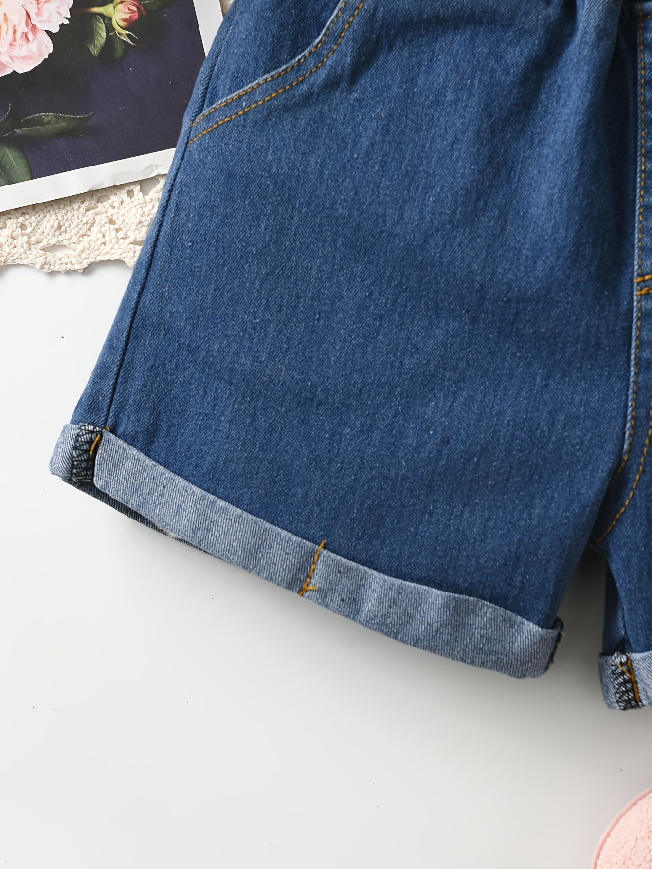 The Little Summer Casual And Comfortable Denim Shorts with Paper Bag Waist And Rolled Edges Are Perfect for Everyday Outings, for Outdoor
