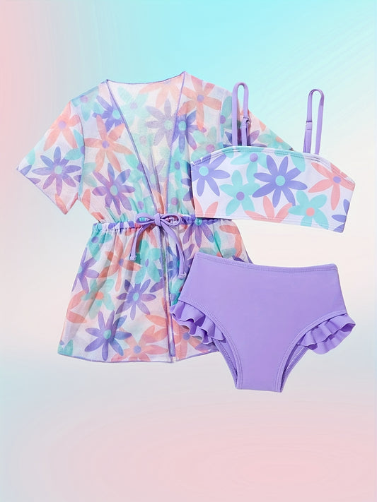 Girls' Three-Piece Swimsuit Beach Sun Protection Set