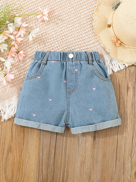 Adorable Summer Girls' Blue Denim Shorts with Pink Heart Embroidery - Casual Roll-Up Hem, Cotton/Polyester Blend, Machine Washable