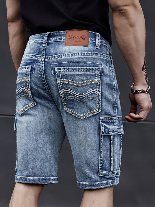 ESDVQ Men's Stretch Denim Shorts with Embroidered Details, Classic Multi-Pocket Design, Knee-Length, Casual Comfort Fit, Blue Washed Jean Shorts for Casual Attire, Stylish Pocket Shorts | Back Patch Detail | Stretch Denim Fab